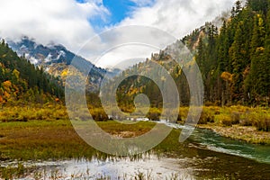 Jiuzhaigou , Unesco nature reserve and national park during autumn in Ngawa Tibetan and Qiang in Sichuan , China : 17 October 2023