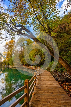 Jiuzhaigou , Unesco nature reserve and national park during autumn in Ngawa Tibetan and Qiang in Sichuan , China : 17 October 2023