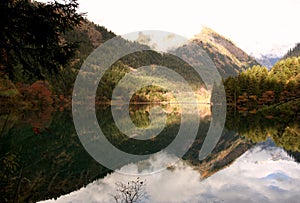 Jiuzhaigouâ€™s â€œMirror Lakeâ€ reflecting the Min mountains on a calm morning in Sichuan, China.