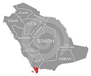 Jizan red highlighted in map of Saudi Arabia