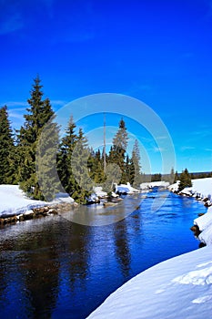 Jizera izera river on a sunny snowy day