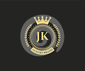 JK Initial Letter Gold calligraphic feminine floral hand drawn heraldic monogram antique vintage style luxury logo design Premium