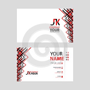 The JK logo on the red black business card with a modern design is horizontal and clean. and transparent decoration on the edges.