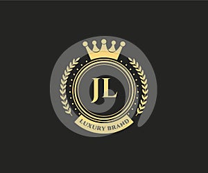 JL Initial Letter Gold calligraphic feminine floral hand drawn heraldic monogram antique vintage style luxury logo design Premium