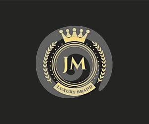 JM Initial Letter Gold calligraphic feminine floral hand drawn heraldic monogram antique vintage style luxury logo design Premium