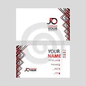 The JO logo on the red black business card with a modern design is horizontal and clean. and transparent decoration on the edges.