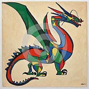 Joan Miro Dragon Painting Abstract Geometry Colorful Western Freestyle Paint Dinosaur Draw AI Art photo