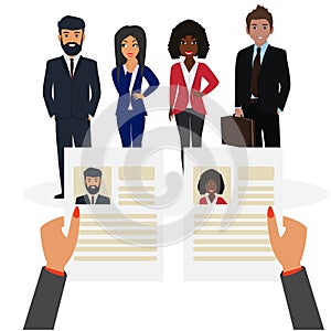 Job agency. Recruiter concept. Choosing a candidate to hire and reading CV