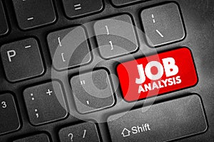 Job Analysis - process of studying a job to determine which activities and responsibilities it includes, text concept button on