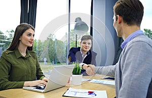 Job applicant having interview. Handshake while job interviewing.