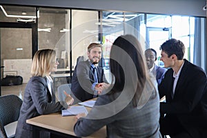 Job applicant having interview. Handshake while job interviewing.