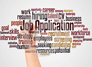 Job Application word cloud and hand with marker concept