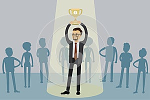 Job candidate won and stand in spotlight with cup