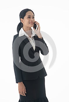 Job, career and occupation concept. Asian young confident and successful business  woman with smarthphone on isolated white