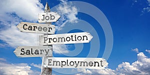 Job, career, promotion, salary, employment - wooden signpost with five arrows