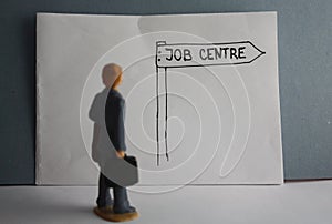 Job centre handdrawn guidance arrow, visit a job center, unemployed miniature man