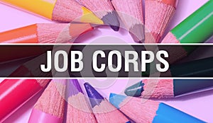 Job Corps concept banner with texture from colorful items of education, science objects and 1 september School supplies. Job Corps