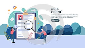 Job hiring and online recruitment concept with tiny people character. agency interview. select a resume process. template for web