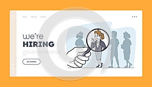 Job Hiring Recruitment Landing Page Template. Huge Hand with Magnifier Choose Businesswoman Character Stand Out of Crowd