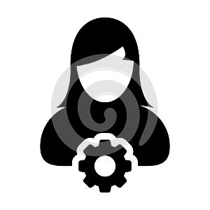 Job icon vector female person profile avatar with gear cogwheel for settings and configuration in flat color glyph pictogram