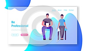 Job Interview Appointment Website Landing Page. Man and Woman with Cv Sitting in Waiting Room Before or Meeting