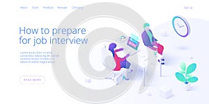 Job interview concept in isometric vector desig. Business HR or Human resources manager hiring employee or worker. Recruiting