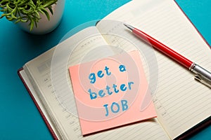 Job interview concept . Office table top view. Notepad, pen and reminder with word