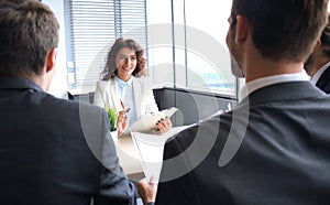 Job interview with the employer, businessman listen to candidate answers.