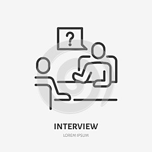 Job interview flat line icon. Business person conversation vector illustration. Thin sign of boss questioning employee
