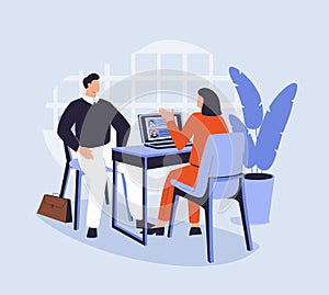 Job interview. We are hiring. Vector flat modern illustration of a man candidate talking to a young woman with laptop.