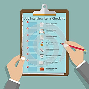 Job interview icons in flat design on clipboard. Job interview preparation infographic. Vector