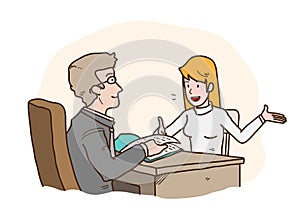 Job Interview Presentation, a hand drawn vector cartoon illustration of a job seeker introducing herself to the HRD manager.