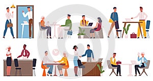 Job interview, recruitment and hiring process. Company hr workers talking to job seekers vector illustration set