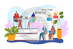 Job interview with resume, recruitment at business work vector illustration. Employee career concept, company hiring
