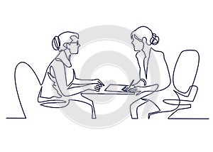 Job interview - vector modern simple one line design composition with recruiter and candidate. Continuous Line Drawing