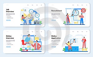 Job interview web banner or landing page set. Idea of employment