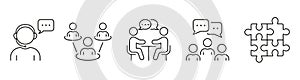 Job Meeting Line Icon Set. Work Conference Linear Pictogram. Teamwork And Management Outline Symbol Collection