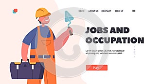 Job and Occupation Landing Page Template. Kid Wear Builder Suit Holding Toolbox and Trowel, Boy Choose Future Profession