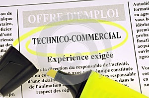 Job offer concept from a French newspaper asking for a technical salesperson with experience