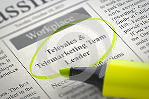 Job Opening Telesales and Telemarketing Team Leader. 3D.