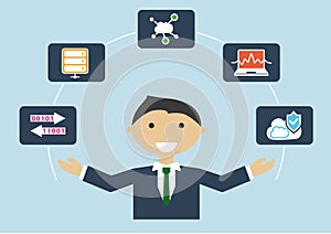 IT job profile illustration of business person. IT expert for cloud computing and infrastructure