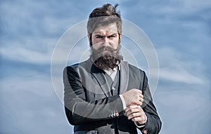 Job promotion. Businessman against sky. Future success. formal fashion. brutal caucasian hipster with moustache. Mature