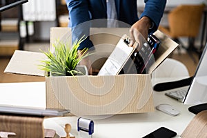 Job Quit. Employee Holding Cardboard Box