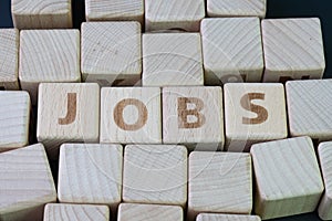 Job recruitment, career vacancy or hiring position in the company concept, cube wooden block with alphabet combine the word Jobs