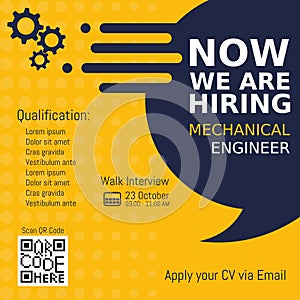 Job recruitment mechanical engineer design for companies. Square social media post layout. We are hiring banner, poster, backgroun