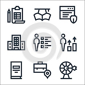 job resume line icons. linear set. quality vector line set such as target, location, book, career, skills, company, protection,