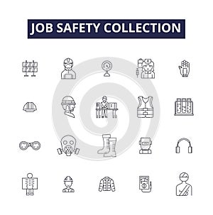 Job safety collection line vector icons and signs. work, safety, worker, helmet, industrial, equipment, set,industry