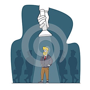 Job Search Business Recruitment Concept. Businessman Character Stand with Arms Akimbo in Spotlight Beam. Hiring Talent