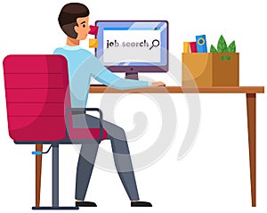 Job search candidate concept. Character young man using computer searching for job in internet