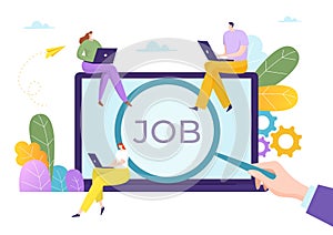 Job search candidate tiny character female, male sitting laptop online recruitment agency flat vector illustration